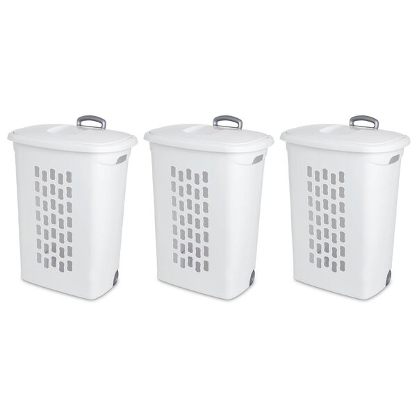 Wheeled Plastic Laundry Hamper Set of 3 Rolling Basket Clothes Storage Lid White 