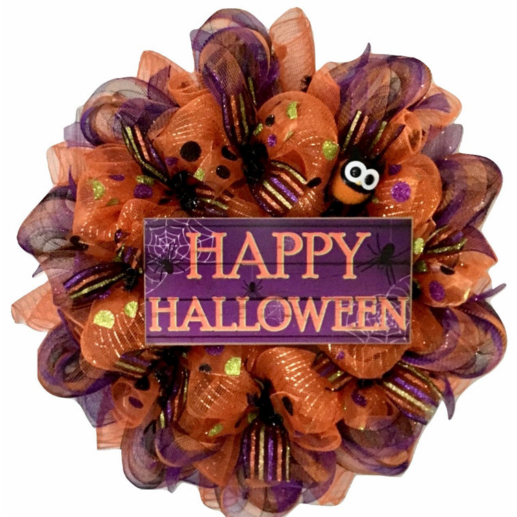 Pre-Lit Halloween Wreath 24" Handmade Deco Mesh LED Light Up Door Decor 