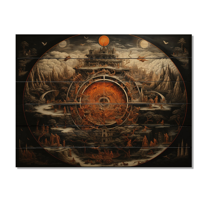 Leangela Orange Beige Buddhism Wheel Of Life On Wood Print