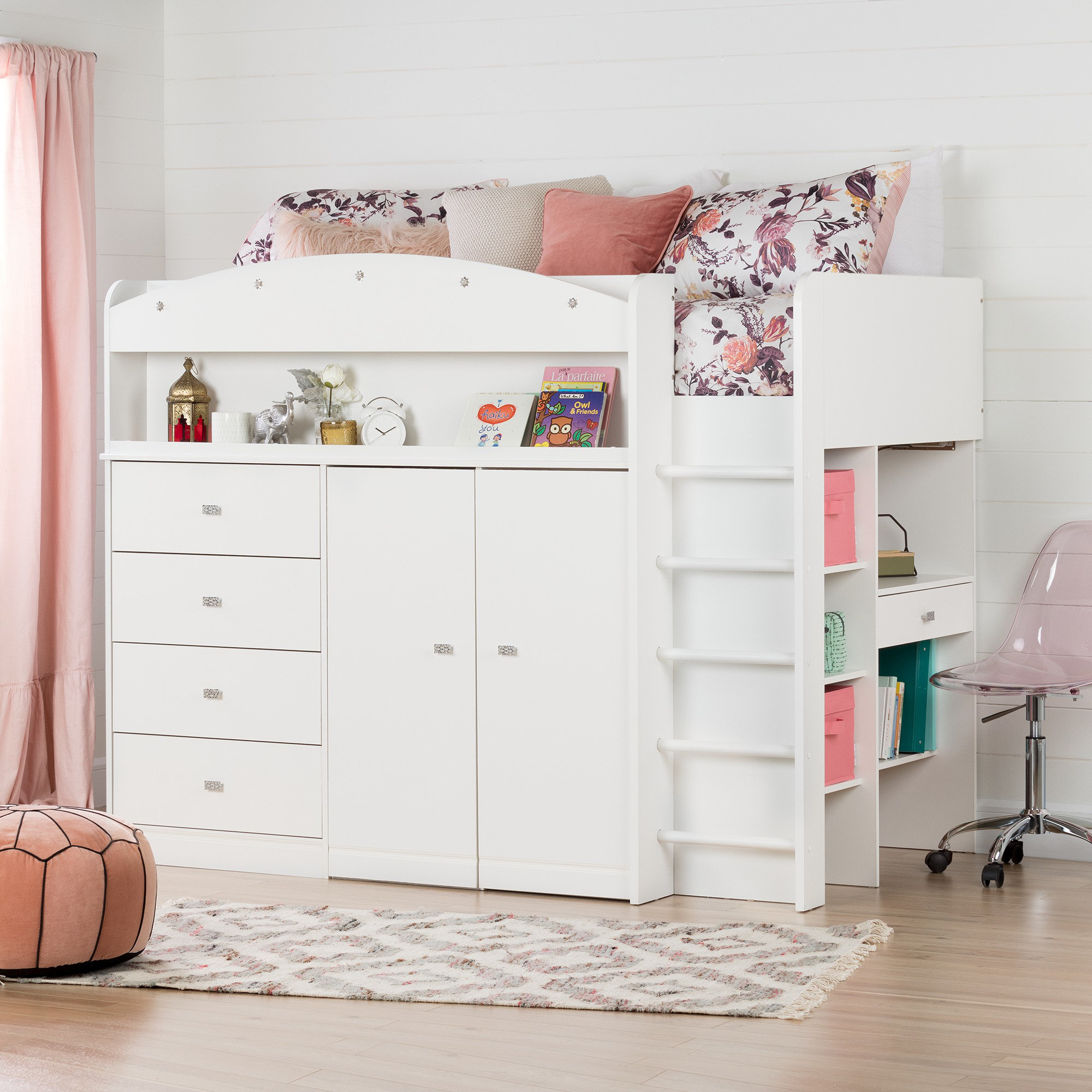 low loft bed with dresser underneath