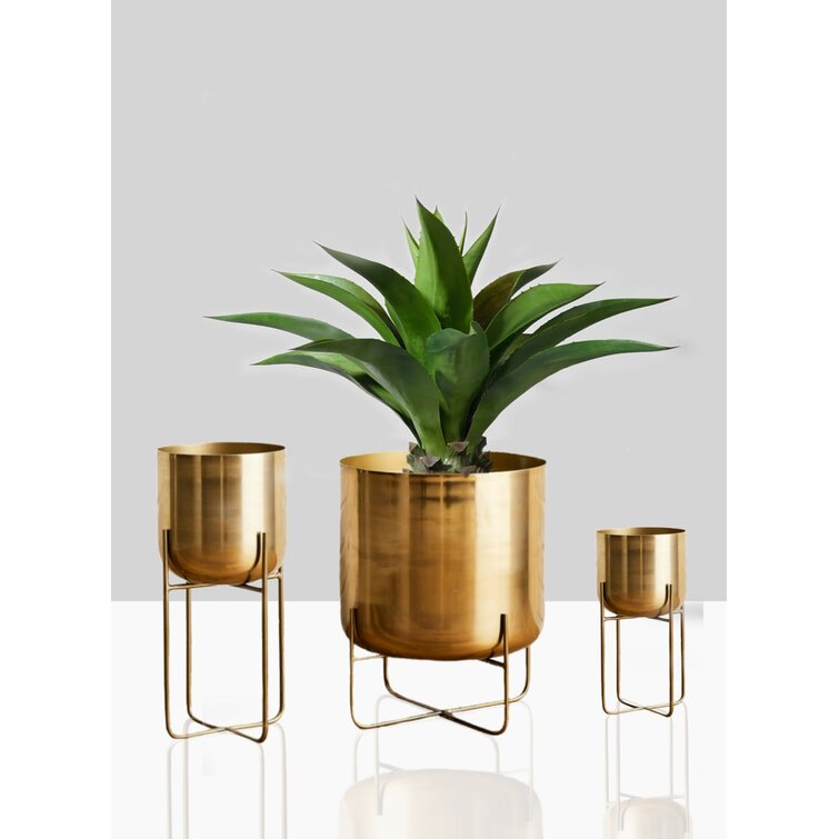 Serene Spaces Living Modern Mid Century Brass Gold Planters with Black Stand Flower Pot for Living Room Decor Large Planter Pots with Metal Stands Measures 13 Tall and 7 Diameter 