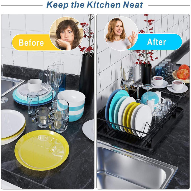 Dish Drying Rack,Dish Rack With Water Tray, Metal Flat Dish Rack And Utensil Holder, Non-Rust Dish Drainer For Kitchen Countertop Drying Rack For ...