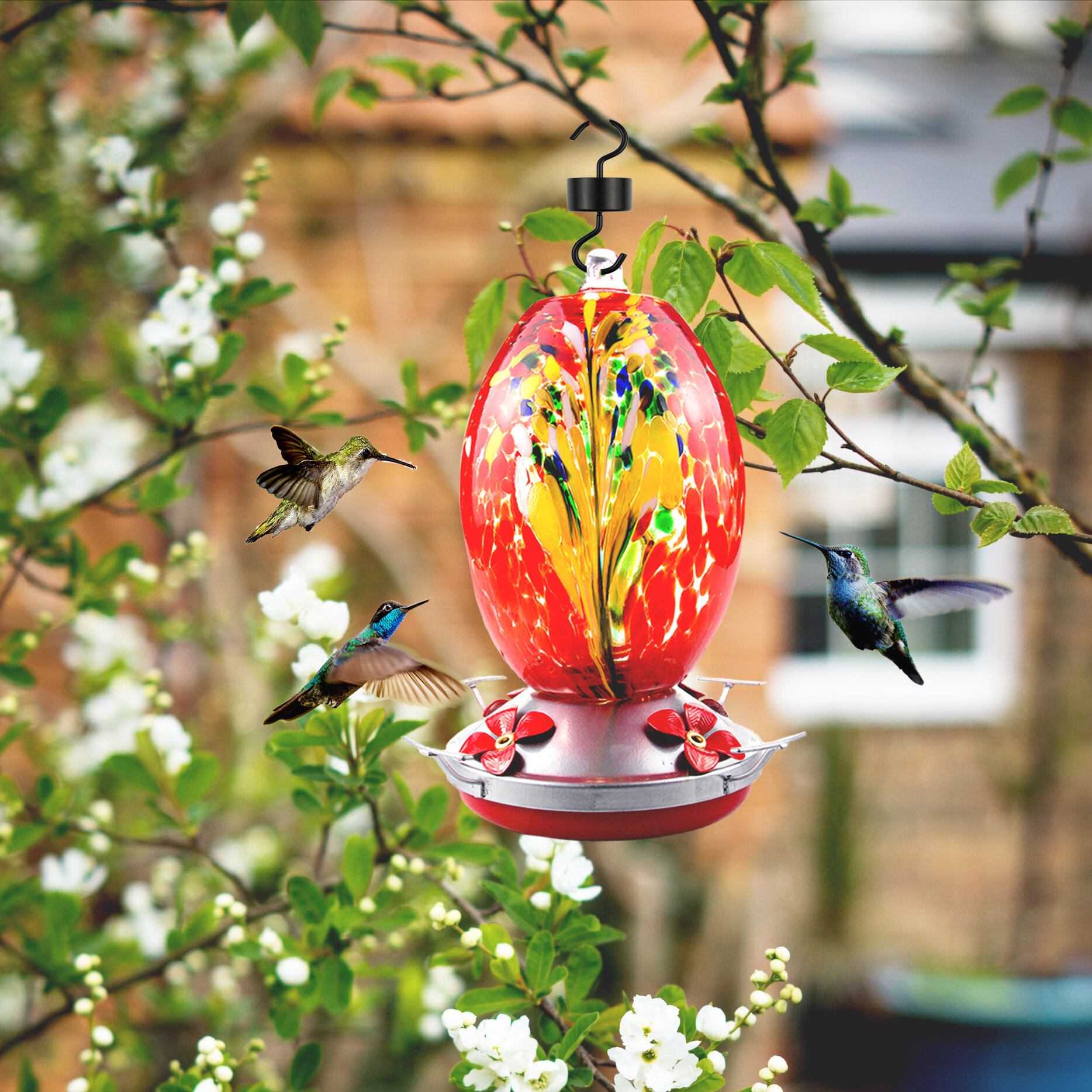 25 Ounces, Muse Garden Hummingbird Feeder for Outdoors Hand Blown Glass 