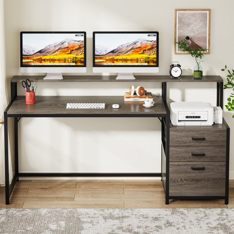 Denfield Desk with Hutch, Drawers, Elevated Monitor Riser Stand, 62.99" W x 19.68" D x 35.43" H Color (Top/Frame): Gray/Black