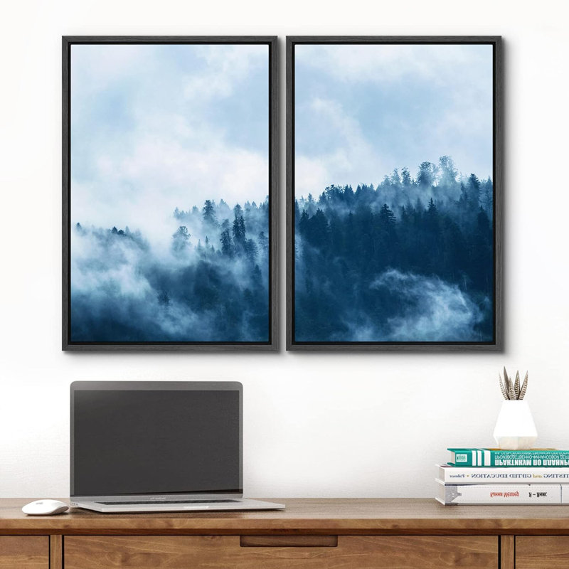 Misty Fog Blue Winter Mountain Forest Nature Landscape Print Decor On Canvas 2 Pieces Print