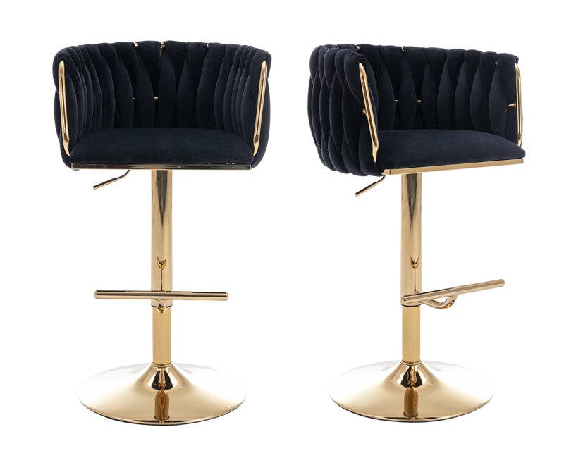 Swivel Adjustable Height Bar Stool Modern Velvet Barstool with Barrel Back Kitchen Island Counter Bar Chair with Golden Base Number of Stools: 2, Color/Pattern: Black