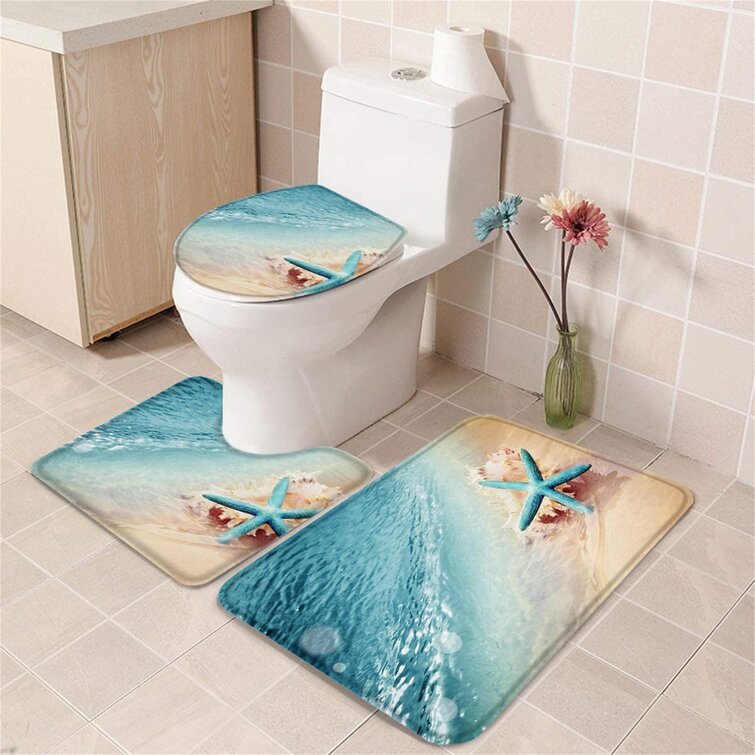 Bathroom Anti Slip Mat Sets 3Pcs Beach Sea Shell Pearl Carpet Toilet Seat Cover 