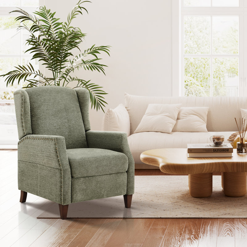 kars nail-head upholstered push back recliner with storage pocket body fabric: green chenille