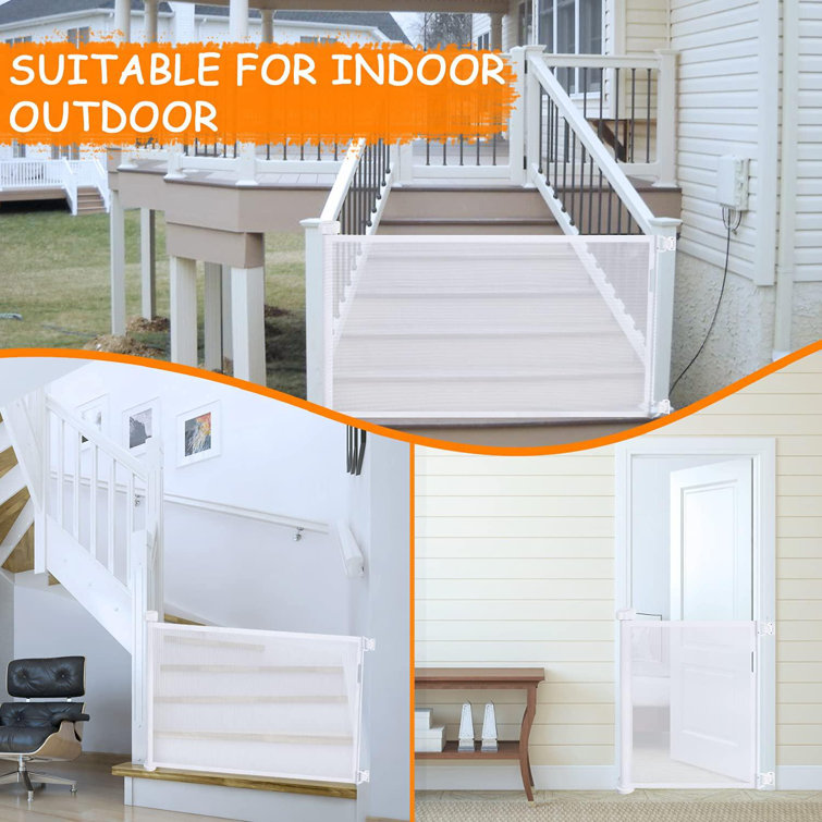 Tucker Murphy Pet Retractable Baby Gate Wide Mesh Gate Easy To Roll And Latch For Stairways Doorways Hallways Patios Deck Banisters Flexible And Extensible Dog Gate Up To 54 Inch Wide Wayfair