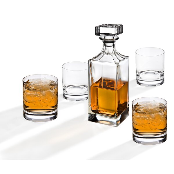 Whisky Liquor Decanter Set for Spirits Bourbon or Scotch. Genuine Lead Free Crystal Designed In USA 24oz Decanter With 4 12oz Glasses In Unique Stylish Gift Box Whiskey Decanter Set 