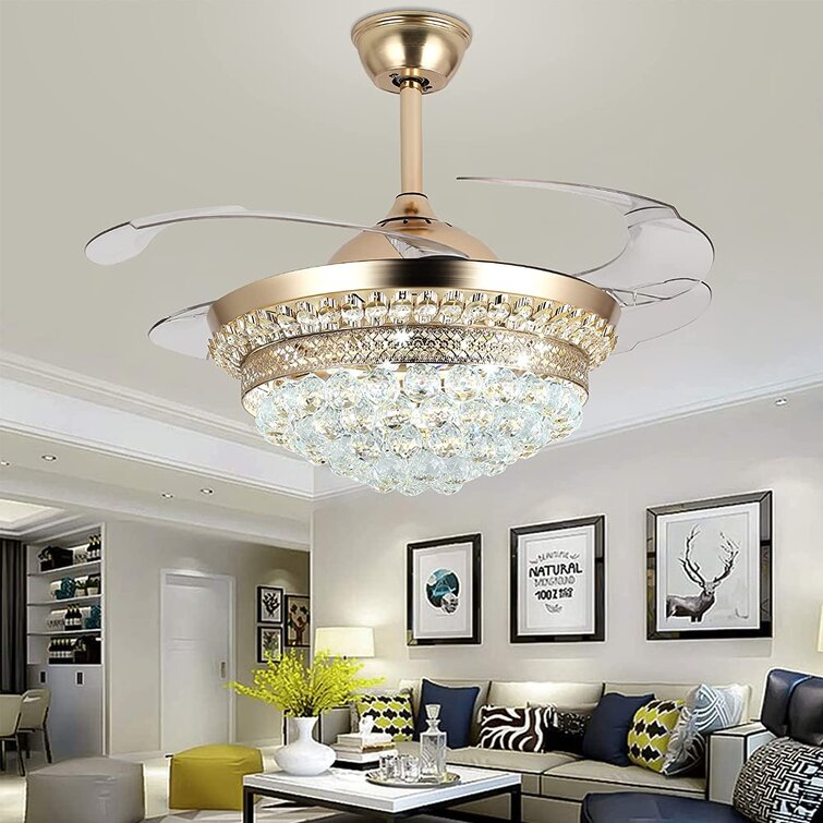 42"/36" Retractable Crystal Ceiling Fan Light LED 3-Color Chandelier w/Remot. 