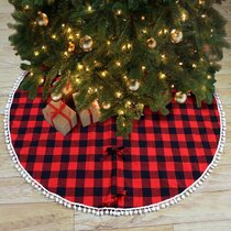 48" Christmas Tree Skirt  Natural Burlap with Brown Color Red Plaid Trim Rustic 
