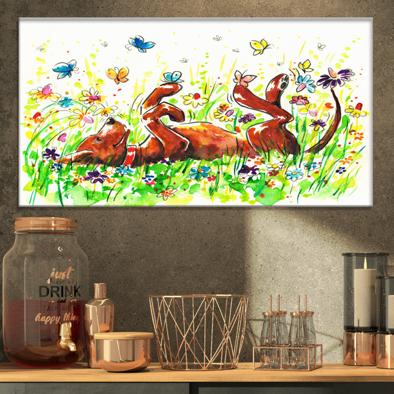 East Urban Home Happy Brown Dog With Flowers And Butterfly