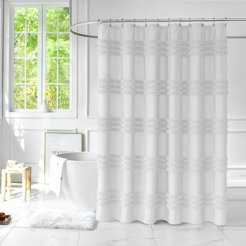 Jonestown Tufted Chenille Striped Textured Cloth Shower Curtain with 12 Stainless Steel Hooks Color: White, Size: 84"H x 72" W