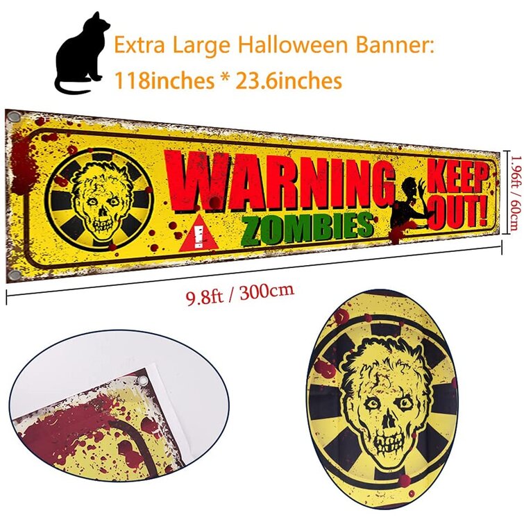 Happy Halloween Banner Halloween Party Decorations Scary Zombies Yard Sign Banner Warning Zombies Banner Keep Out Yard Backdrop Yellow Warning Banner 