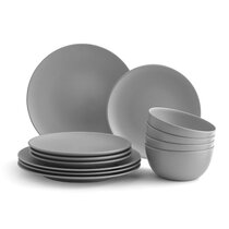 12 Piece Melamine Dining Set Grey Plate & Bowl Dinner Set Granite Effect 