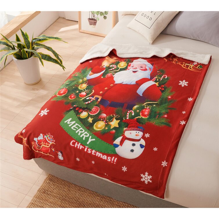 Sherpa Throw Blanket Happy Christmas Santa Claus in Chimney Super Soft Cozy Warm Luxury Microfiber Blankets Flannel Fleece Plush Quilt Bedspread for Bed Couch Sofa Red White Gingham Frame 
