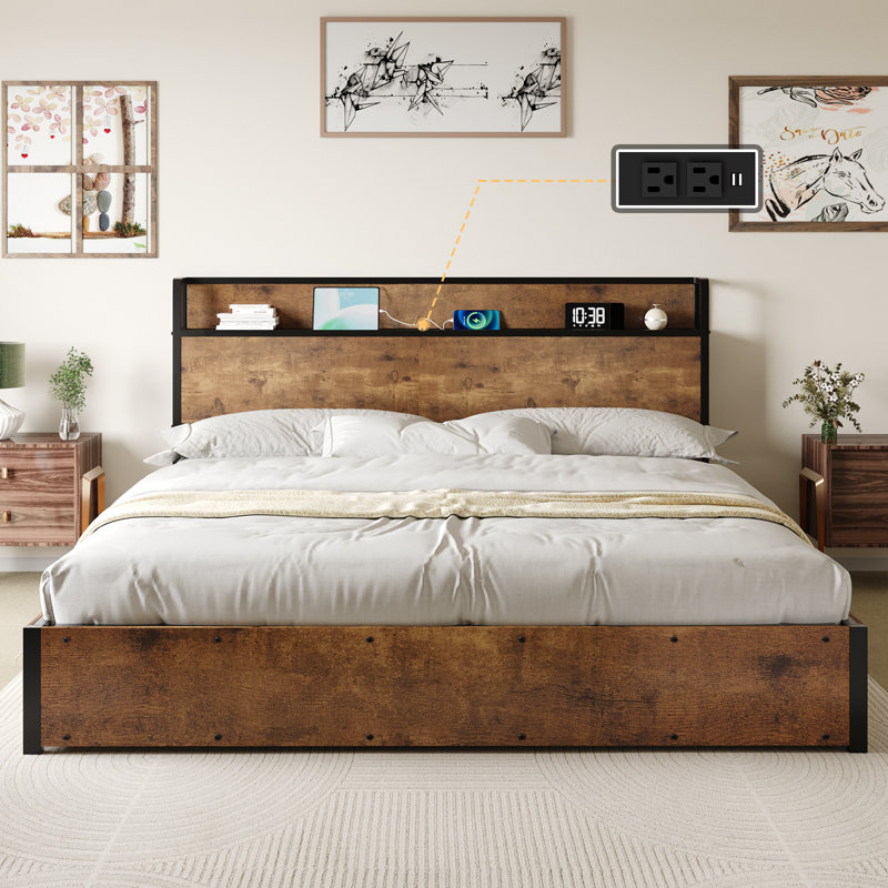 Shila Lift Up Storage Bed Frame & Charging Station Size: King, Color: Black