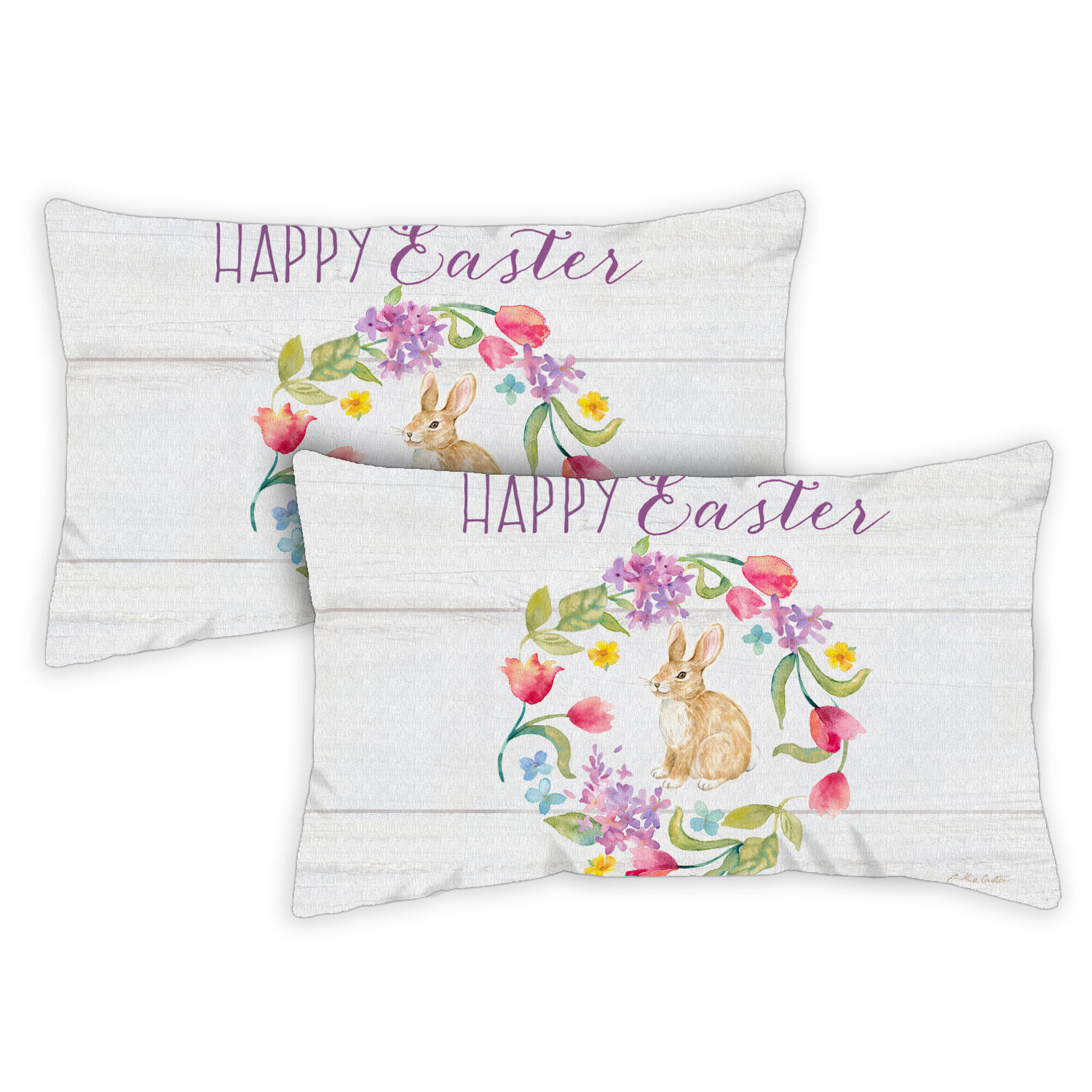 Toland 771324 Easter Bunny Wreath 12 x 19 Inch Outdoor Pillow Case Only 2-Pack