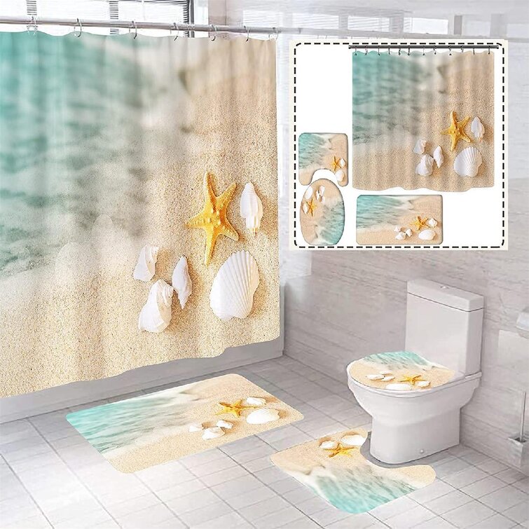 4PCS Rose Bathroom Polyester Shower Curtain Non Slip Toilet Cover Rug Mats Set 