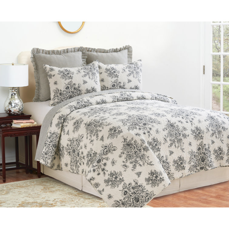 French Classic King Quilt Set Country Farmhouse Red Toile 3-Piece Bedding Set 