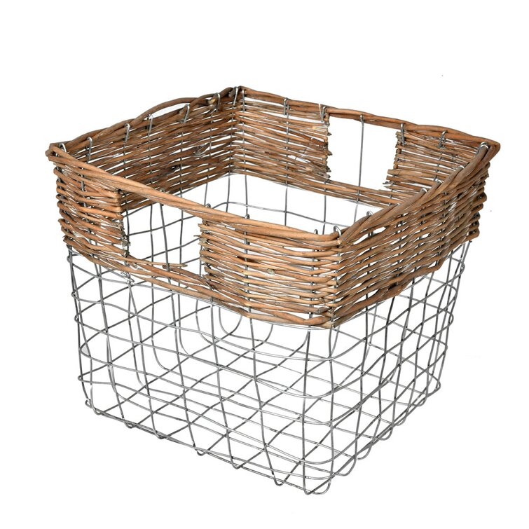 Lg = 10"Lx10"Wx3"H Rustic Farmstead Nested Square Wire Basket Set w/ Rattan Rim 