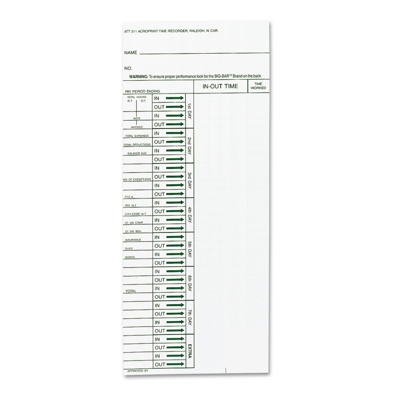 Time Card for Model Att310 Electronic Totalizing Time Recorder