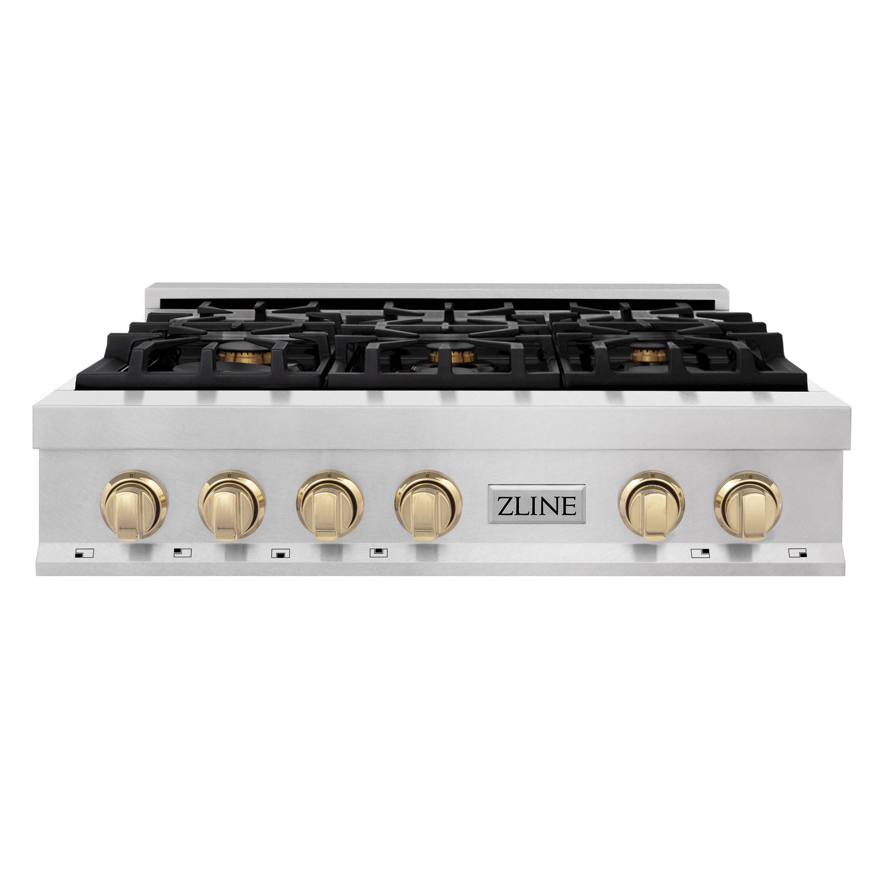 ZLINE Autograph Edition 36" Porcelain Rangetop with 6 Gas Burners in DuraSnow® Stainless Steel and Gold Accents (RTSZ-36-G)