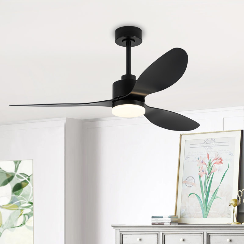 Loritta 52'' 3 - Blade Large Indooor Ceiling Fan With Light Kit and Remote, 3 LED Colors, 6 Speed Noiseless DC Motor, Timer Finish: Black