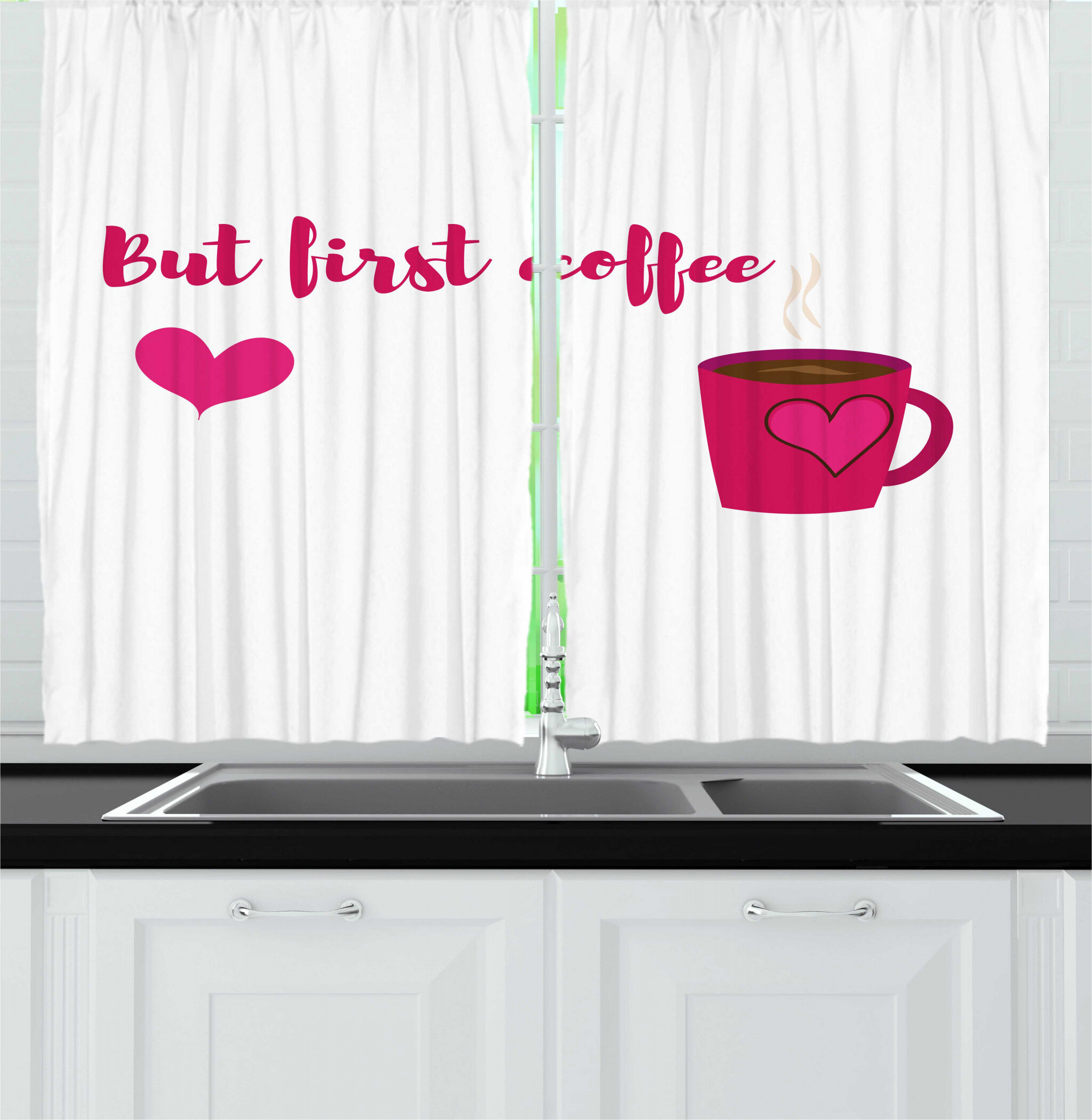 East Urban Home 2 Piece But First Coffee Cartoon Lettering And A Steaming Cup On A Plain Background Kitchen Curtain Set Wayfair