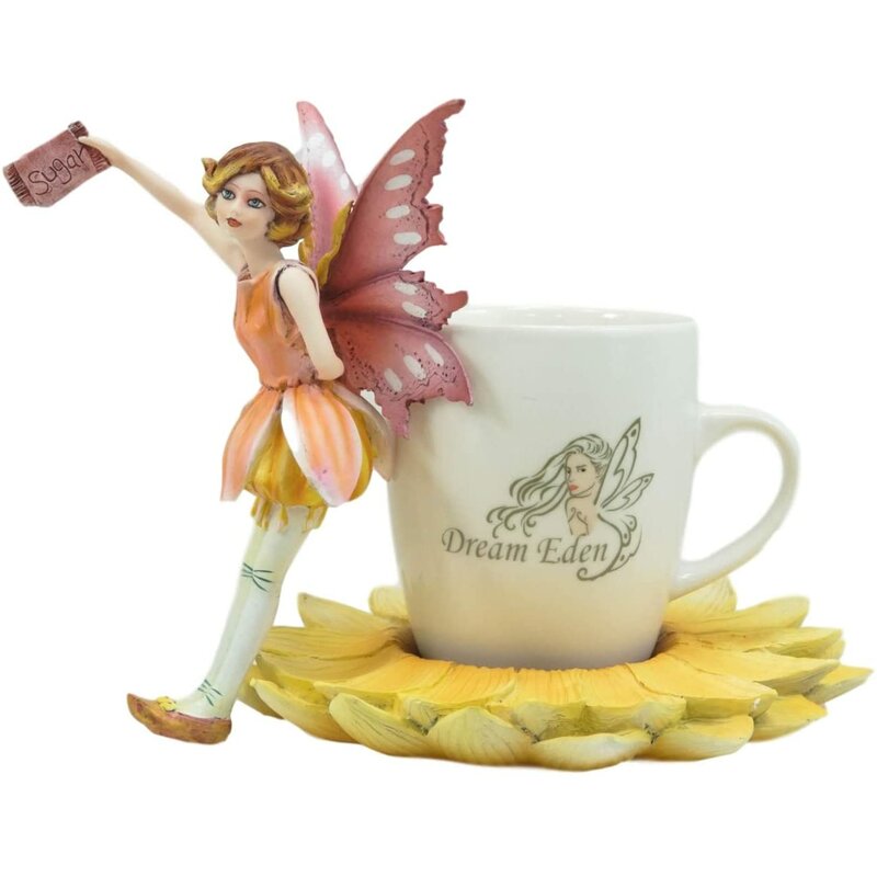 Purple Pixie Tea Cup Fairy On Flower Display Stand Statue With Coffee Mug Set