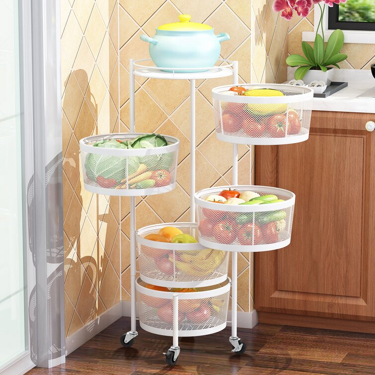 Rotating Kitchen storage Rack trolley Multi-Layer,Fruit and Vegetable Household Storage Shelves with Wheels.Organizer for Kitchen,Living Room,Bathroom（5 Tier,Black