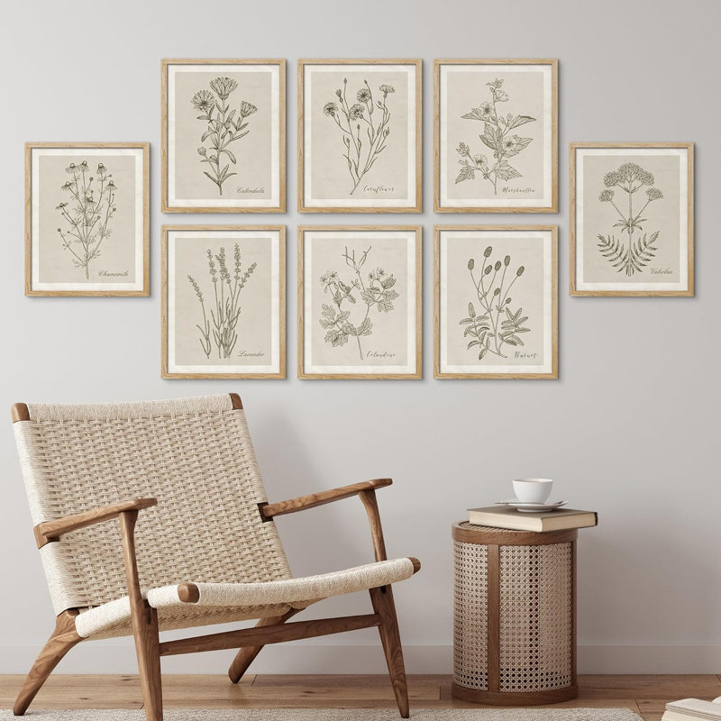 Wildflower, Botanical Floral, Minimalist Decor, Vintage Poster Framed On Paper 8 Pieces Print Format: Natural Framed, Size: 8" W x 10" H