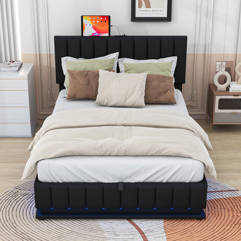 *incomplete,box 2/2 only*  Christann Vegan Upholstered Bed with Storage and LED Light Color: Black, Size: Full