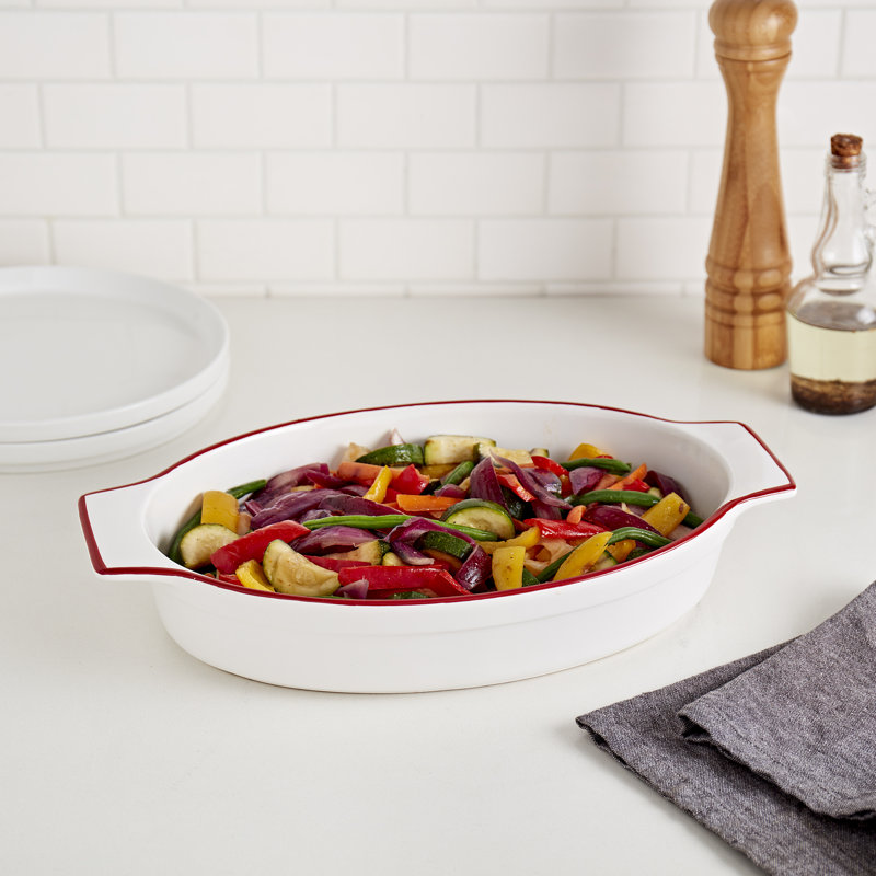 Denmark Tools for Cooks Stoneware Oval Baker Red Blue Rim Bistro