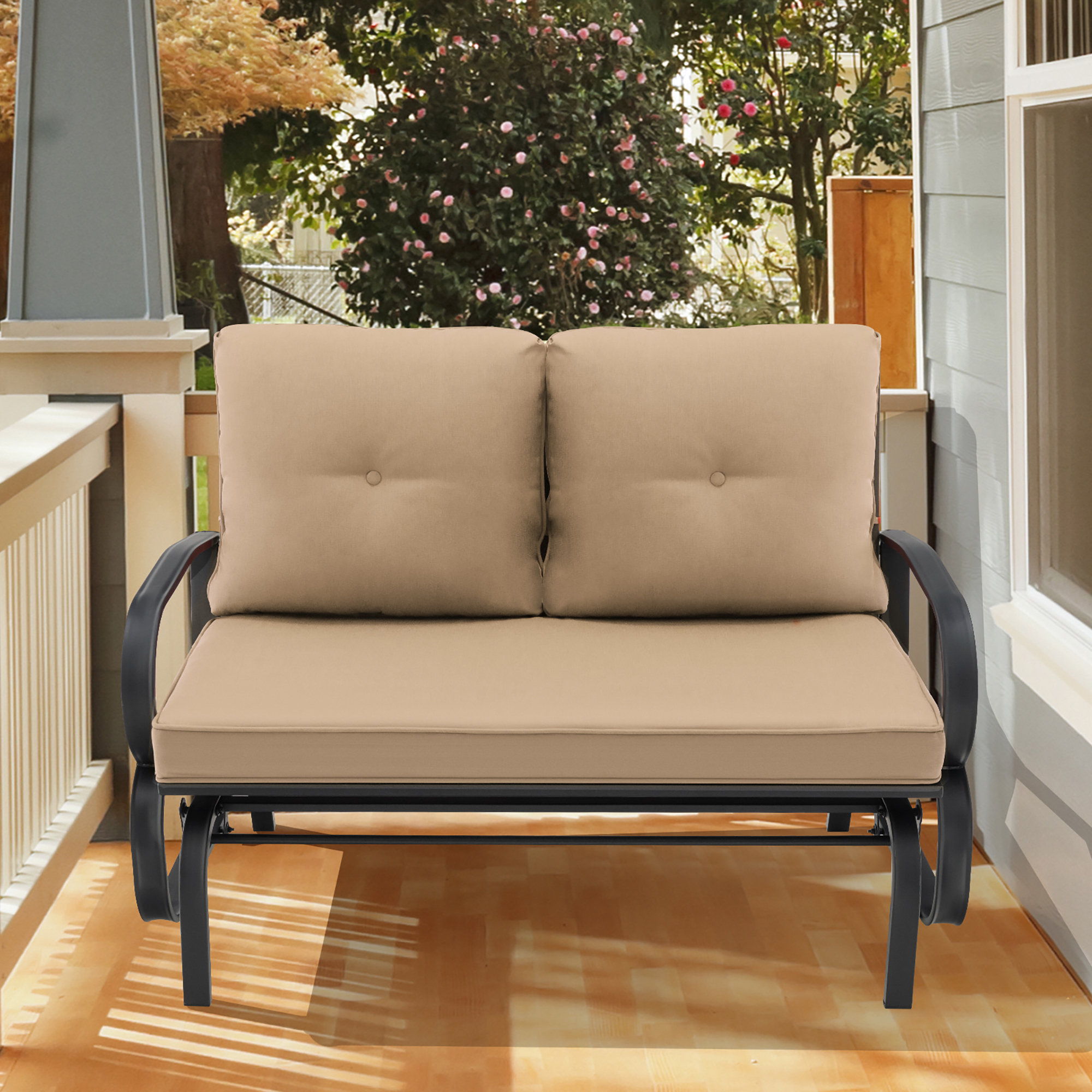 outdoor rocking bench with cushions