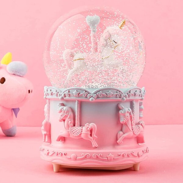 Set Of Two White & Pink Unicorn Snow Globe Shakers 