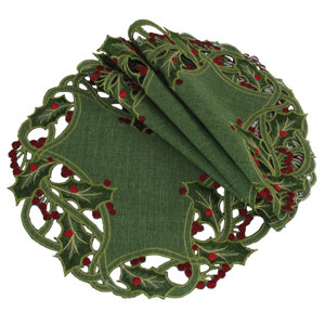 Holiday Holly Embroidered Cutwork Round Doily (Set of 4)