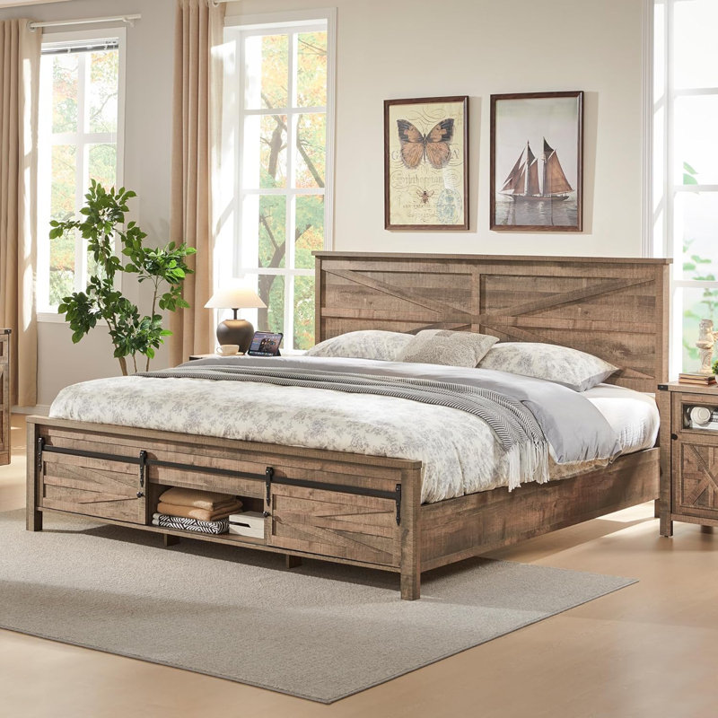 Similar to the photo reference, Argana Farmhouse Wood Bed Frame with Headboard and Sliding Barn Door Storage Cabinets Size: King, Color: Brown