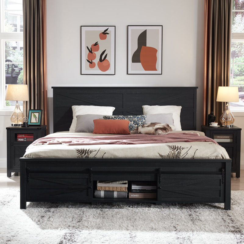 Argana Farmhouse Wood Bed Frame with Headboard and Sliding Barn Door Storage Cabinets Color: Black, Size: King (Incomplete Set) 
