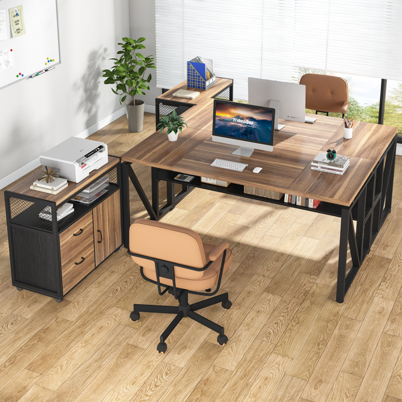 ( incomplete Set,only box A) Lympsham 2 - Piece Home Office Executive Desk and Lateral File Cabinet Color (Top/Frame): Brown/Black, Size: 29" H x 63" W x 55" D