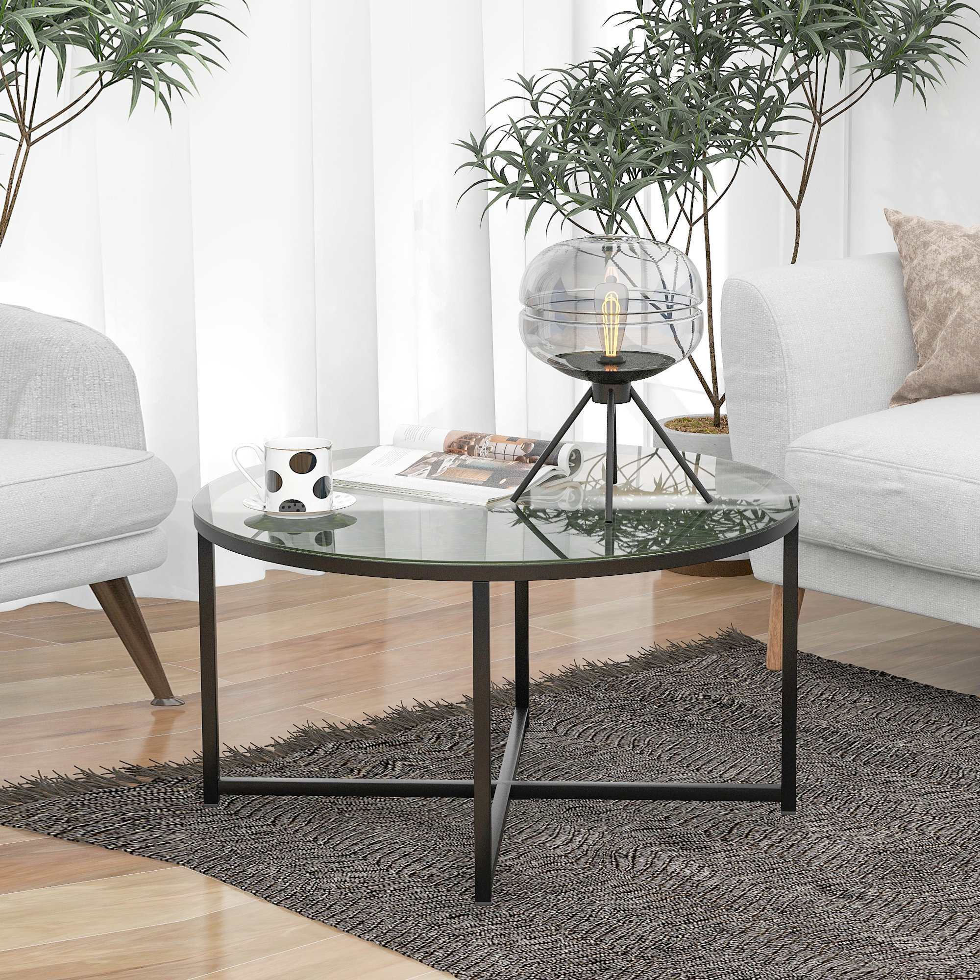Latitude Run® Xshaped Metal Frame Round Coffee Table, Industrial Style
