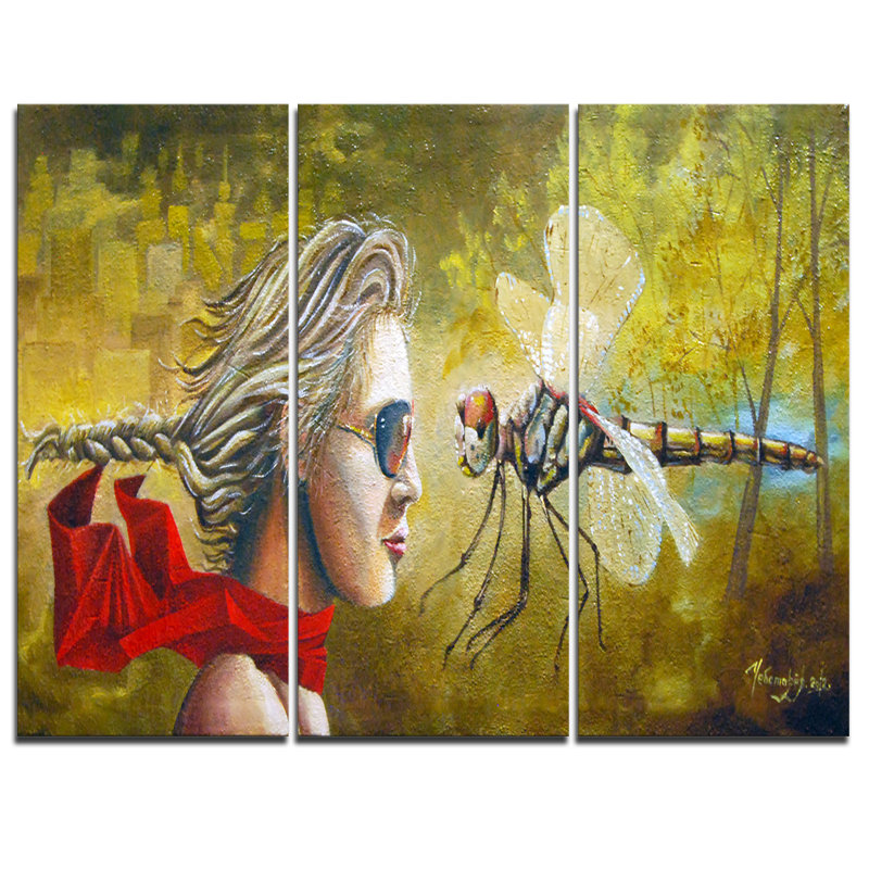 Designart Human And Dragon Fly 3 Piece Painting Print On Wrapped