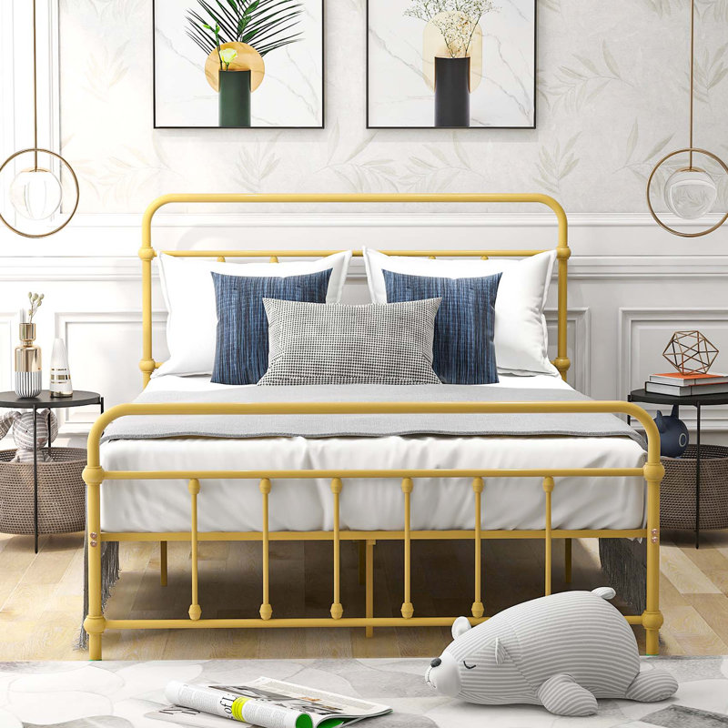 August Grove Full Size Metal Platform Bed With Headboard And Footboard Iron Bed Frame For Bedroom No Box Spring Needed Yellow Wayfair Ca