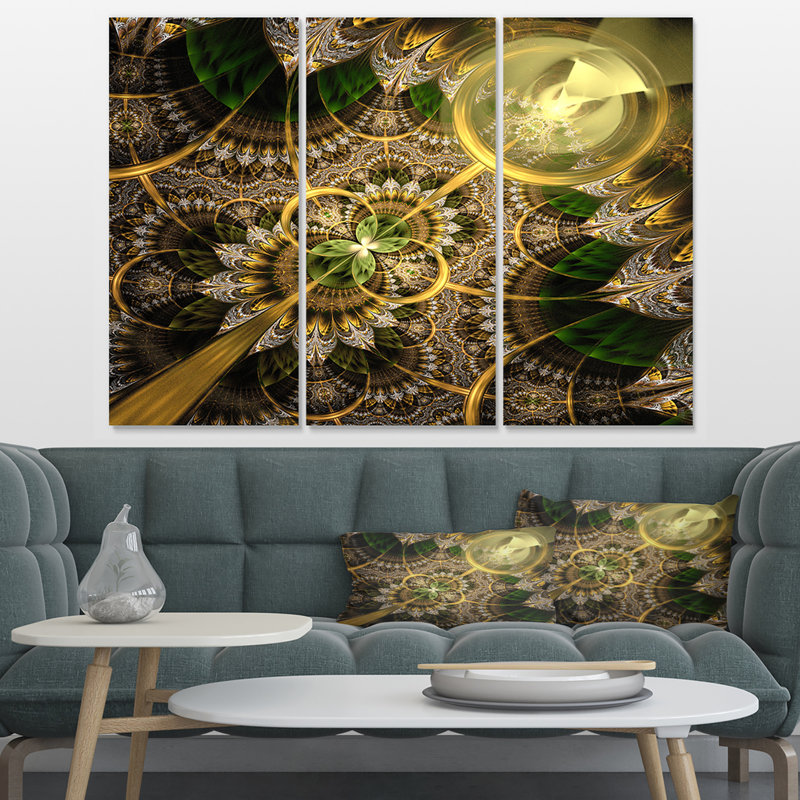 Designart Dark Green And Gold Fractal Flower Graphic Art Print