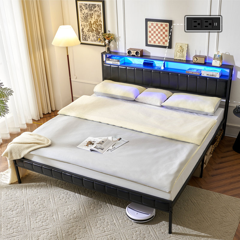 Haja Bed Frame with 2-Tier Storage Headboard & LED Light Size: King, Color: Black