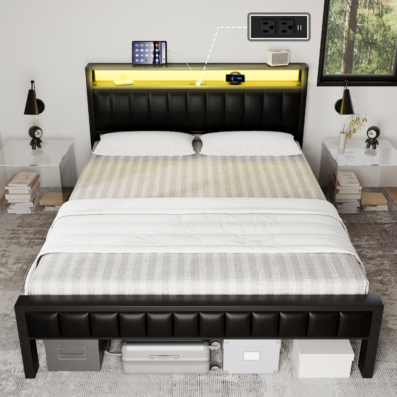 Haja Bed Frame with 2-Tier Storage Headboard & LED Light Size: Queen, Color: Black