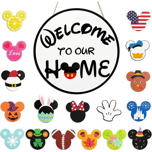 Mi-ckeys Welcome to Our Home Interchangeable Icons Sign Welcome Sign Door Hanger for Home with 20 Shapes Logos