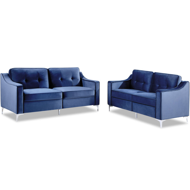 Mercer41 2 Pieces Tufted Velvet Upholstered Loveseat 3 Seat Sofa Track Arm Classic Mid Century Modern Sofa Set With Chromed Metal Legs Wayfair