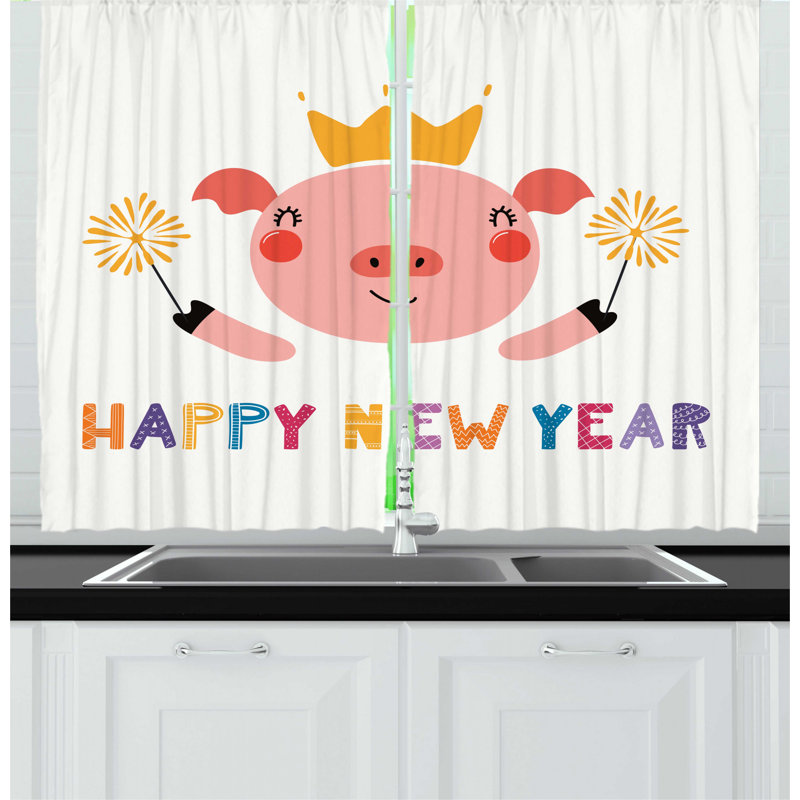 East Urban Home 2 Piece Happy New Year Calligraphy With Animal In Crown Cheeks Happy And Cartoon Pig Kitchen Curtain Set Wayfair Perfect to celebrate a new house or new apartment. wayfair